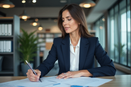 Femme en blazer examinant des documents de conformité