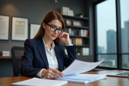 Femme professionnelle en bureau examinant des documents juridiques