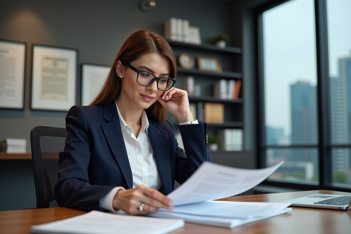 Femme professionnelle en bureau examinant des documents juridiques