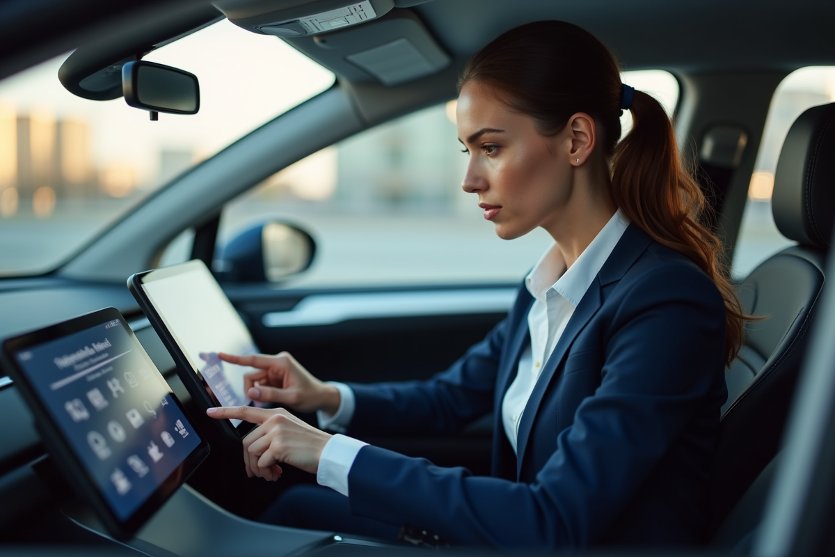 Jeune femme professionnelle utilisant un écran dans une voiture électrique moderne