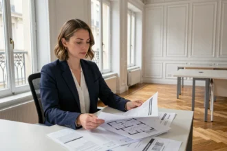 Femme professionnelle évaluant des documents de location de bureau dans un espace de travail parisien avec parquet en chevrons et fenêtres haussmanniennes