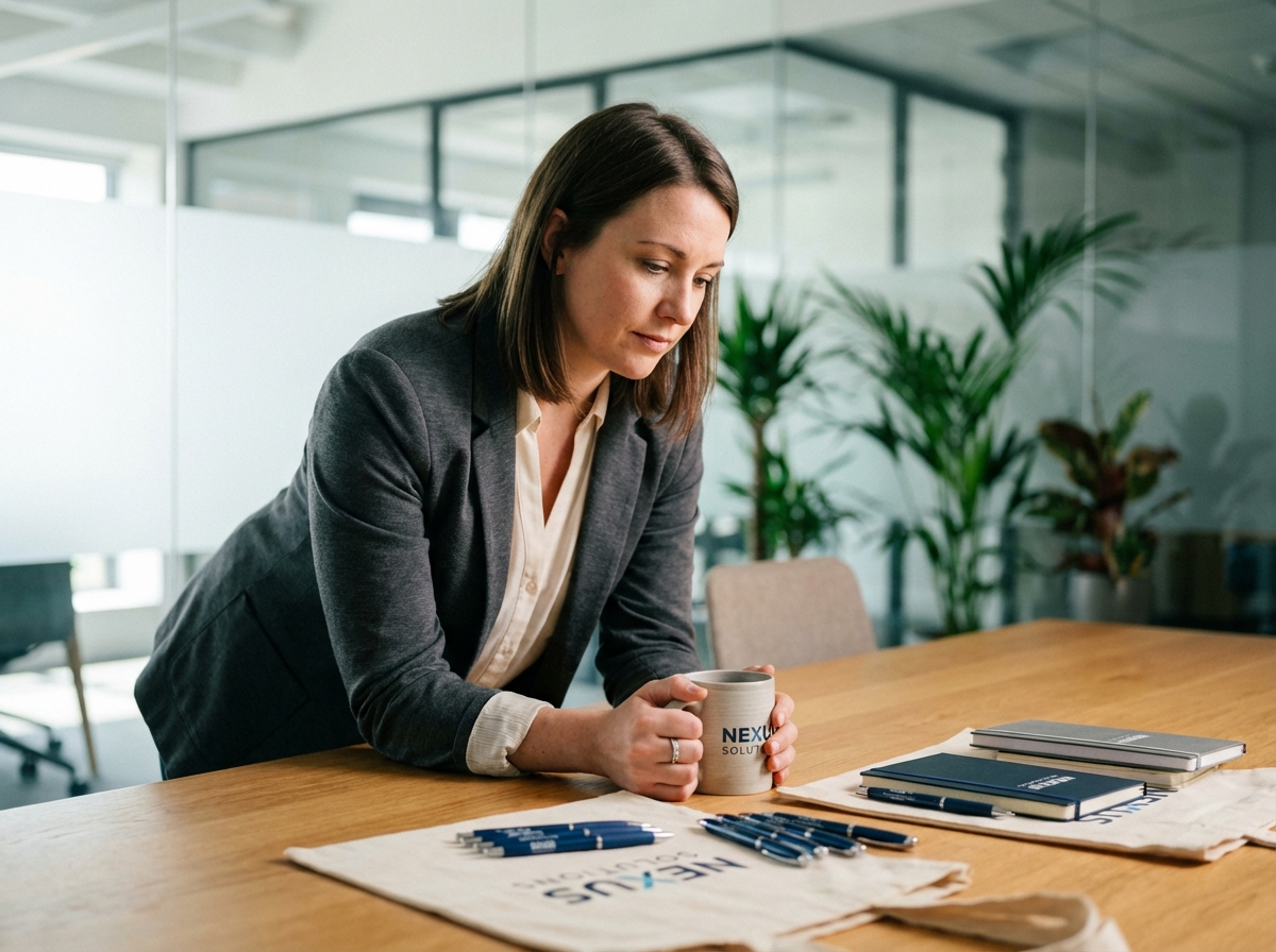 Femme professionnelle examinant des mugs et accessoires de bureau