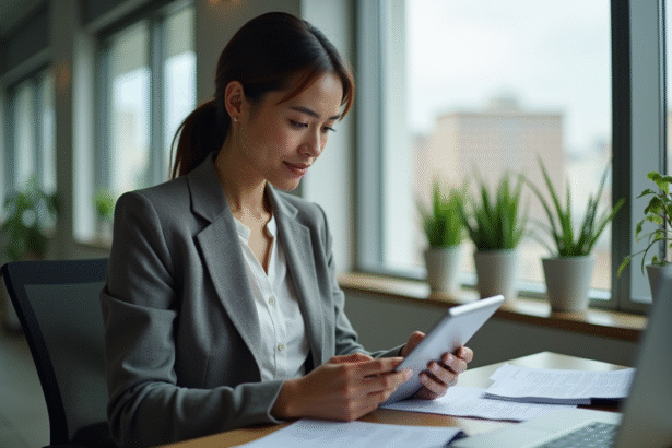 Femme professionnelle regardant une politique de confidentialité