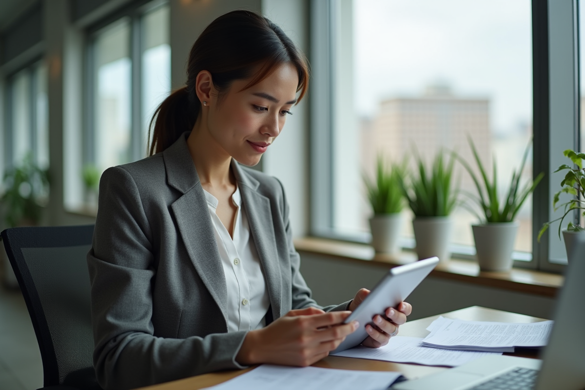 Femme professionnelle regardant une politique de confidentialité