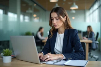 Femme professionnelle relisant la formule de politesse d'un email formel sur son ordinateur portable dans un bureau moderne