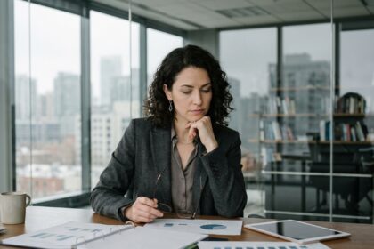Femme en blazer regardant des rapports dans un bureau moderne