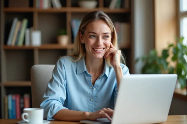 Femme souriante découvrant une promotion CE sur son ordinateur portable dans un bureau à domicile moderne