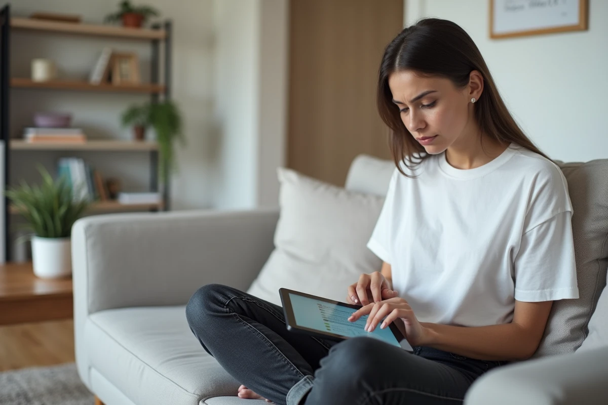 Jeune femme sur son canapé remplissant un formulaire de récupération de mot de passe sur tablette pour débloquer son compte Arkevia