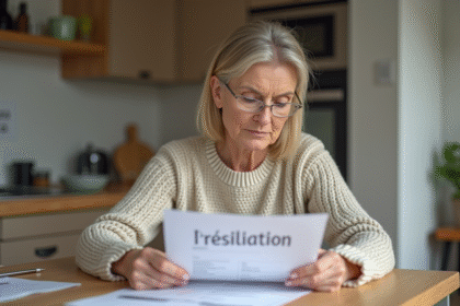 Femme lisant un document de resiliation dans une cuisine moderne