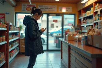 Femme en manteau navy vérifiant son téléphone au comptoir