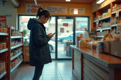 Femme en manteau navy vérifiant son téléphone au comptoir