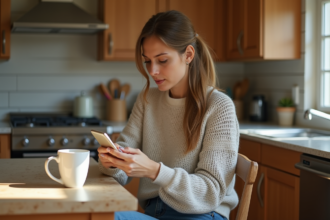 Jeune femme pensant en envoyant un message dans la cuisine