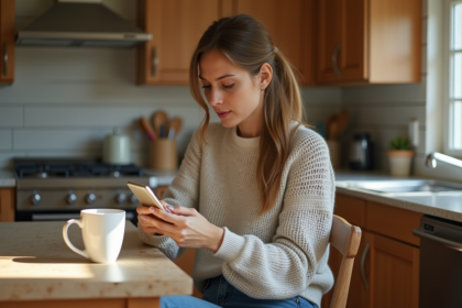 Jeune femme pensant en envoyant un message dans la cuisine