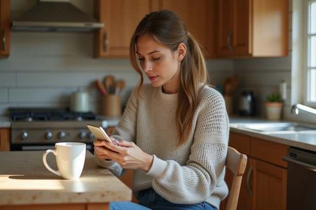 Jeune femme pensant en envoyant un message dans la cuisine