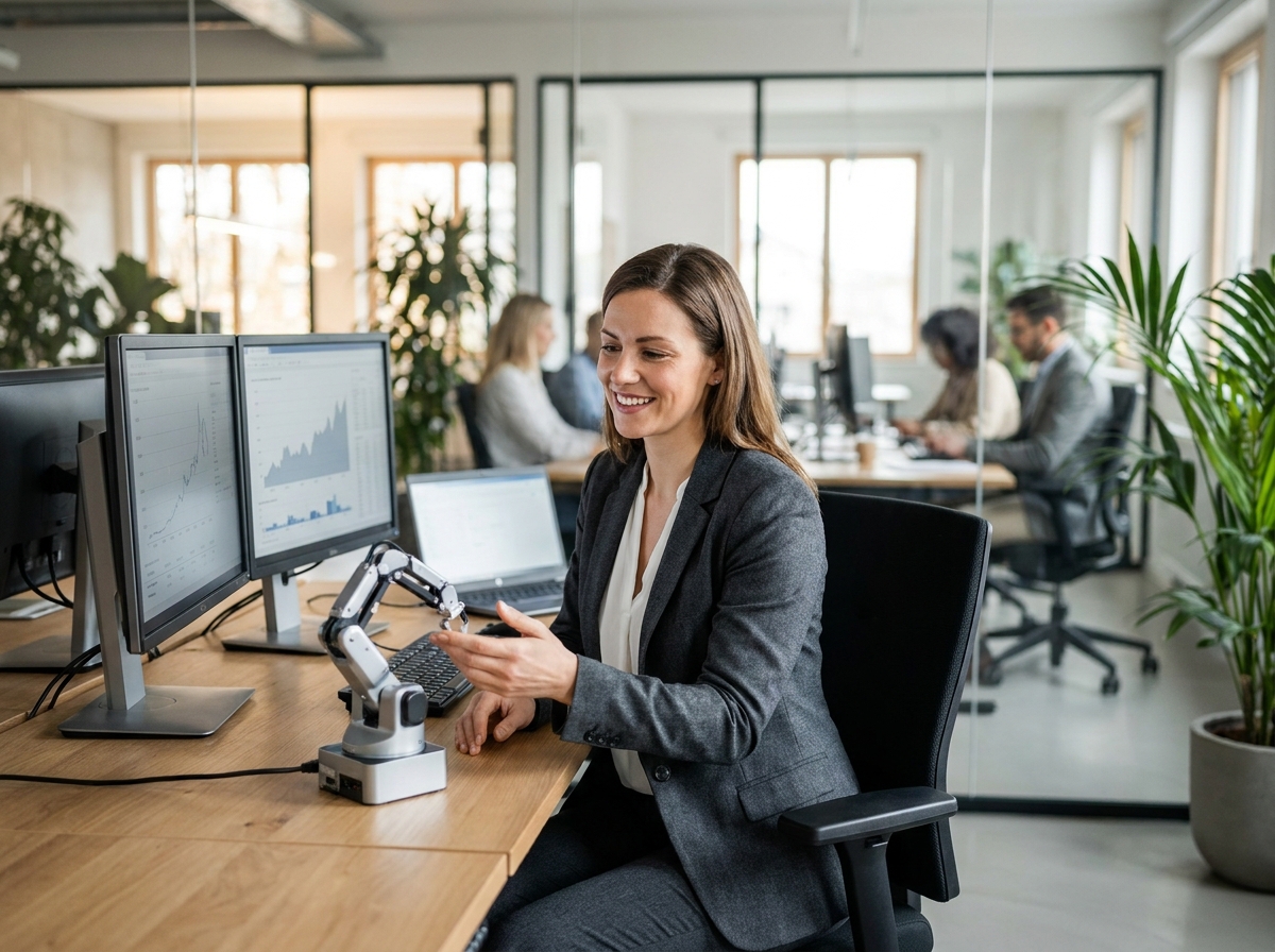 Femme d'affaires interagissant avec un robot collaboratif de bureau dans un open space moderne, symbole de la transformation numérique en entreprise