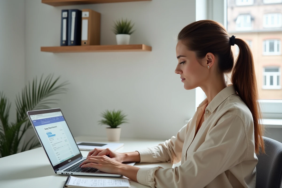 Femme consultant un simulateur d'allocation de solidarité spécifique sur son ordinateur portable à domicile