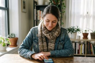 Jeune femme utilisant son smartphone pour une application bancaire