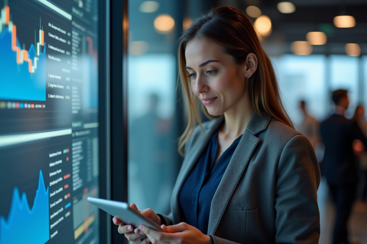 Femme trader analysant des données avec une tablette dans un trading floor