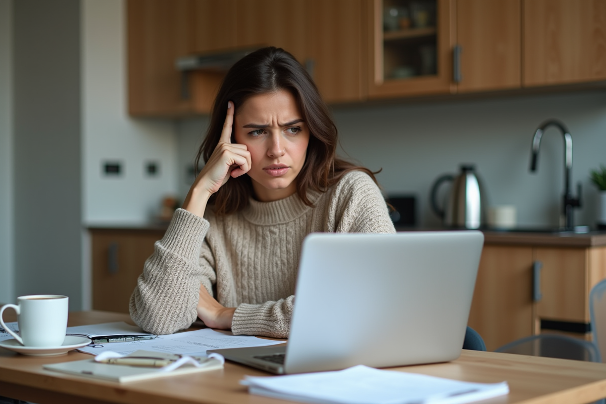Femme travaillant à domicile avec ordinateur et papiers