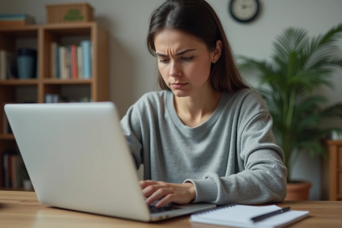 Femme concentrée sur son ordinateur dans un bureau à domicile