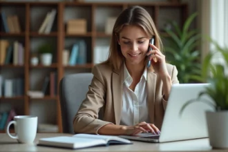 Femme au bureau à domicile utilisant son smartphone