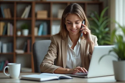 Femme au bureau à domicile utilisant son smartphone