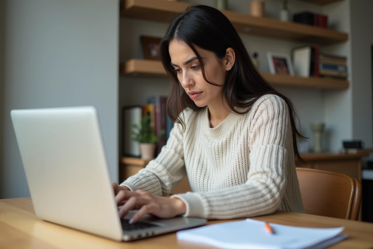 Femme concentrée travaillant sur son ordinateur portable à la maison