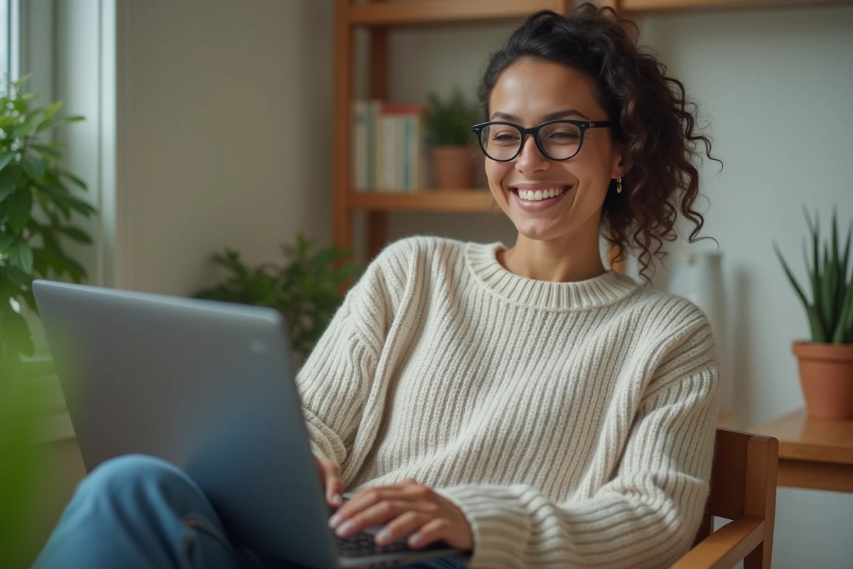 Femme détendue travaillant sur son ordinateur à la maison