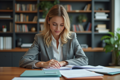 Femme professionnelle triant dossiers colorés au bureau