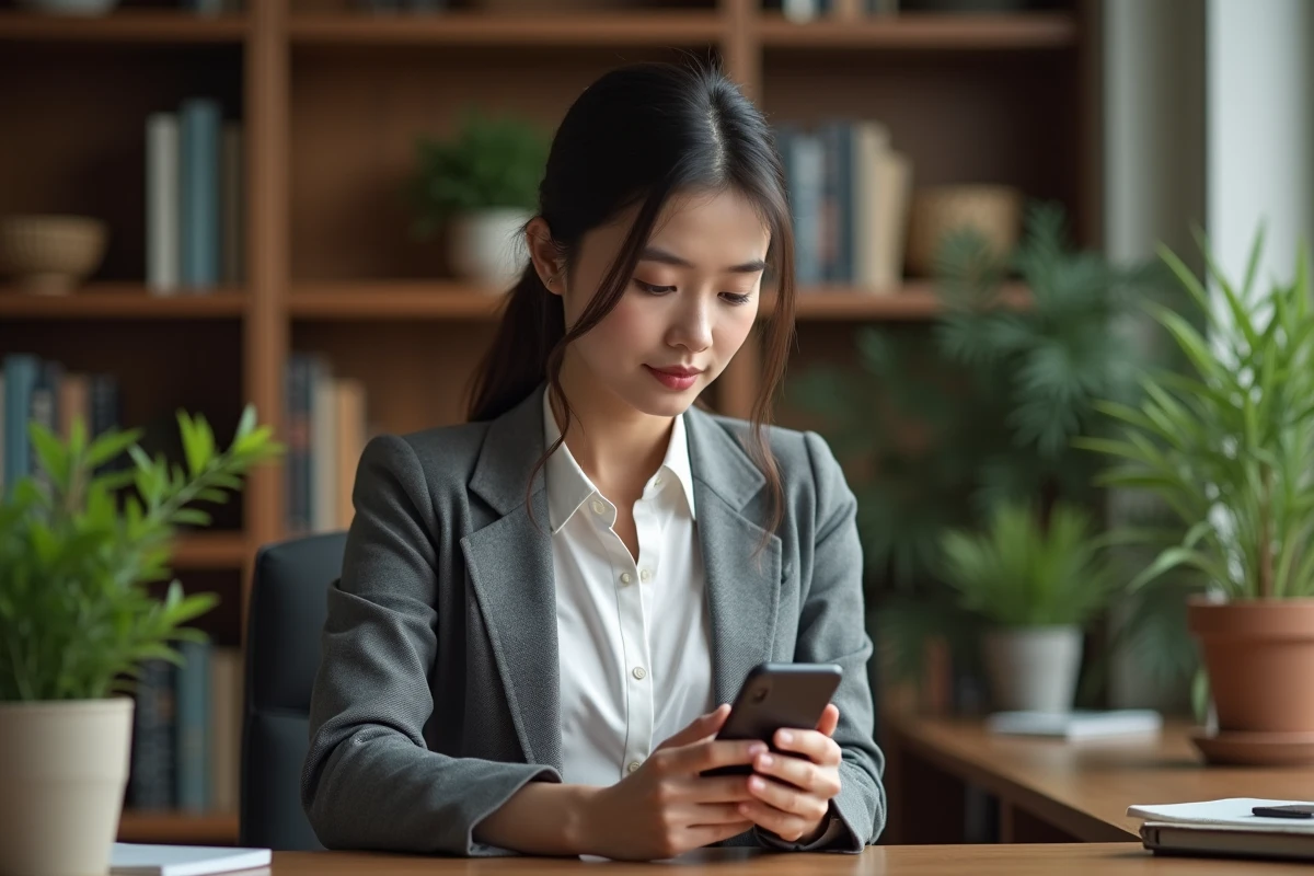 Femme vérifiant un code sur son smartphone dans un intérieur cosy