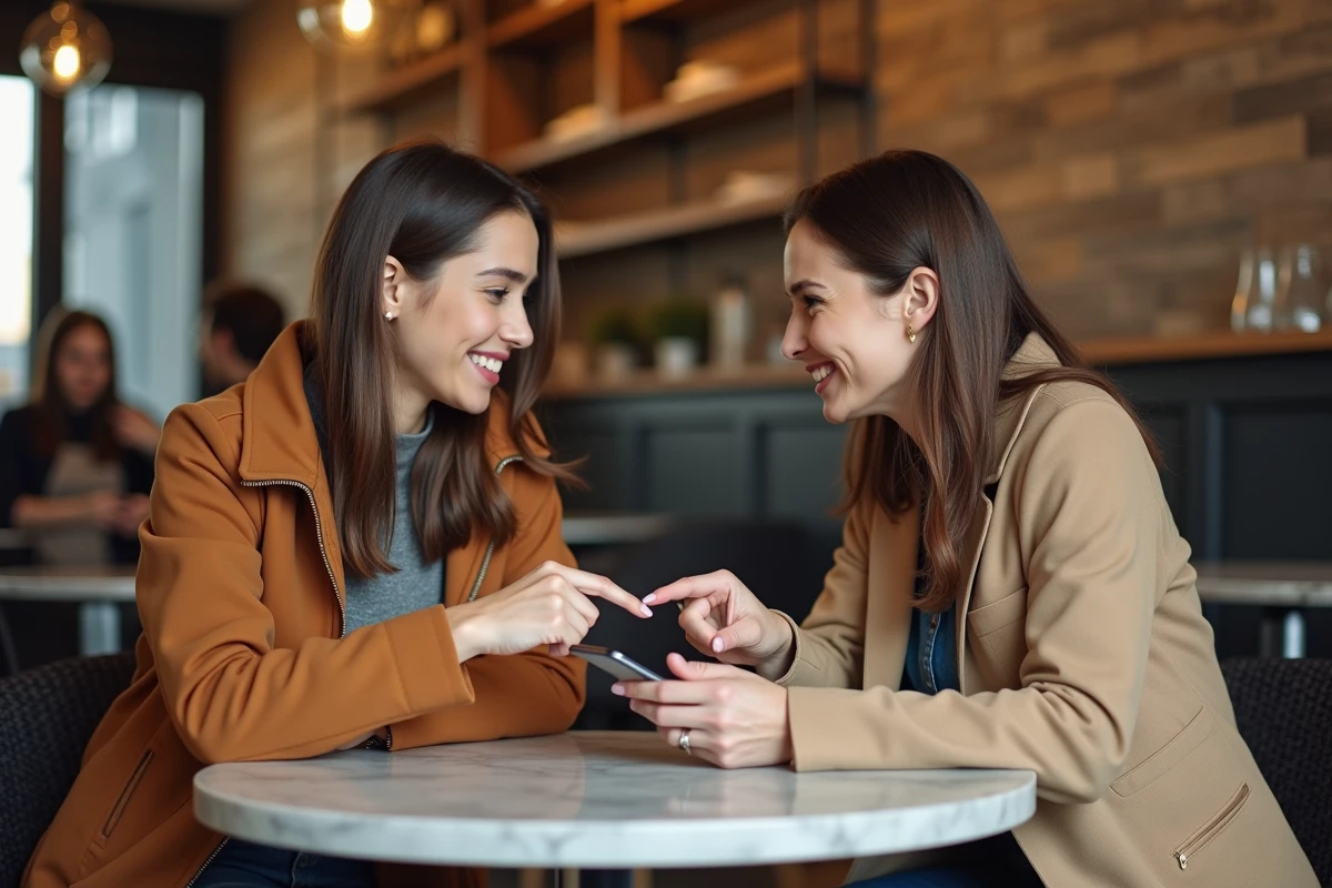 Deux femmes découvrant ensemble une plateforme de marques affiliées sur smartphone dans un café tendance