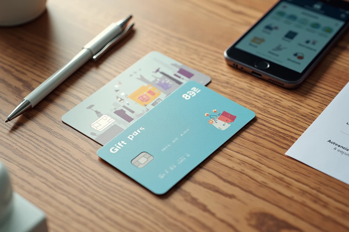 Vue en plongée de deux shopping pass CSE côte à côte, un pass enseigne et un pass culture, posés sur un bureau en bois avec brochure avantages salariés