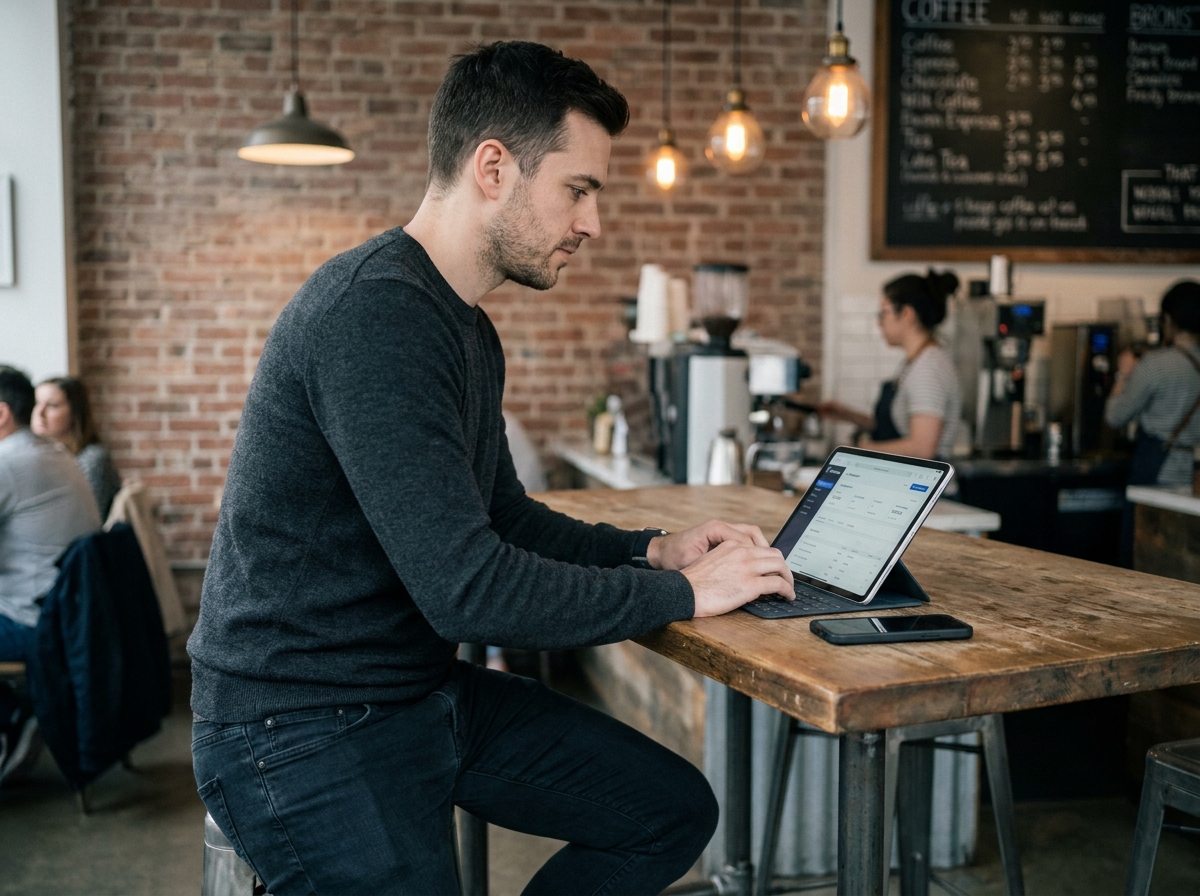 Jeune fondateur de startup consultant son application de facturation gratuite sur tablette dans un café urbain