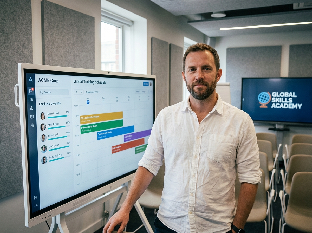 Formateur présentant une solution unique de gestion du plan de formation sur écran interactif en salle de formation
