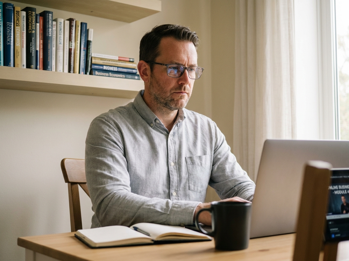 Homme concentré suivant une formation en ligne sur ordinateur portable depuis son bureau à domicile