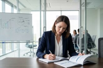 Femme professionnelle en formation continue dans une salle de conférence moderne prenant des notes sur des supports de cours