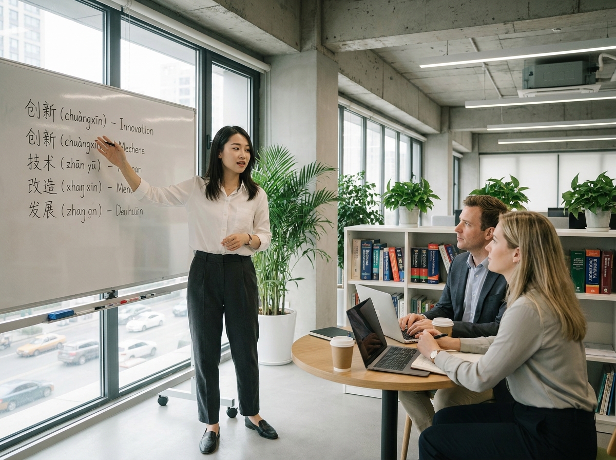 Femme asiatique formant des collègues occidentaux à la prononciation du mandarin dans un bureau moderne de Pékin
