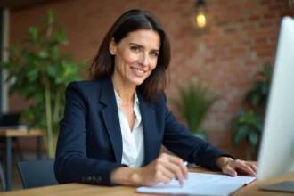 Freelance femme d'affaires dans un espace de coworking moderne, consultant des documents pour attirer de nouveaux clients