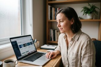 Freelance femme en formation IA sur son ordinateur portable dans un bureau à domicile organisé