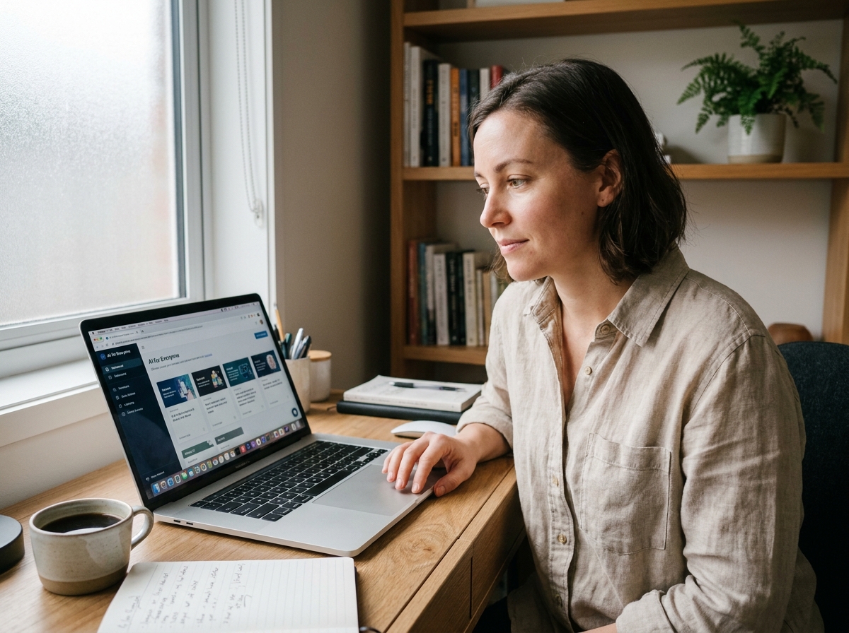Freelance femme en formation IA sur son ordinateur portable dans un bureau à domicile organisé