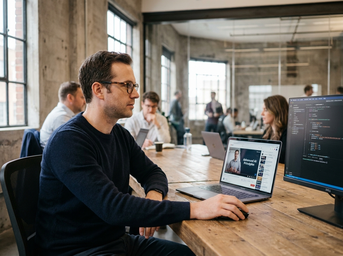 Freelance masculin suivant une formation intelligence artificielle dans un espace de coworking moderne
