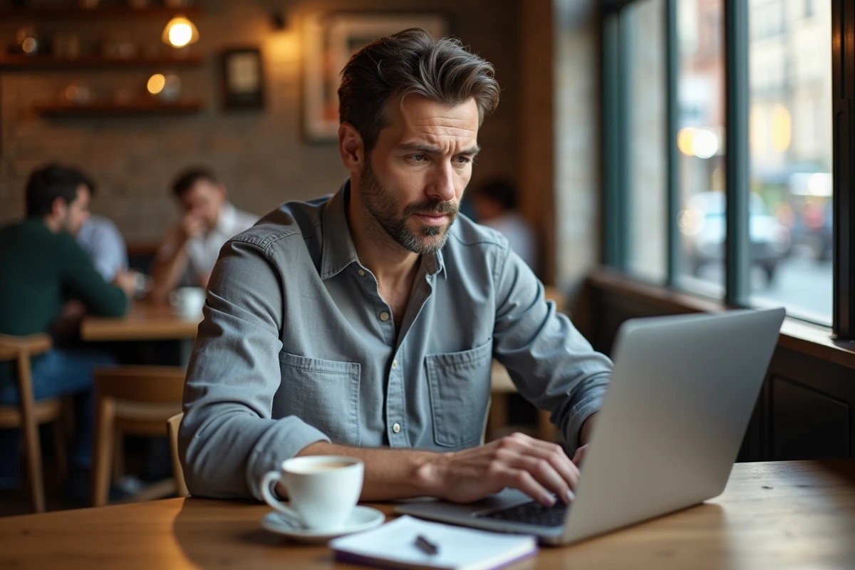 Freelance masculin travaillant sur son ordinateur portable dans un café, stratégie de prospection client pour indépendants