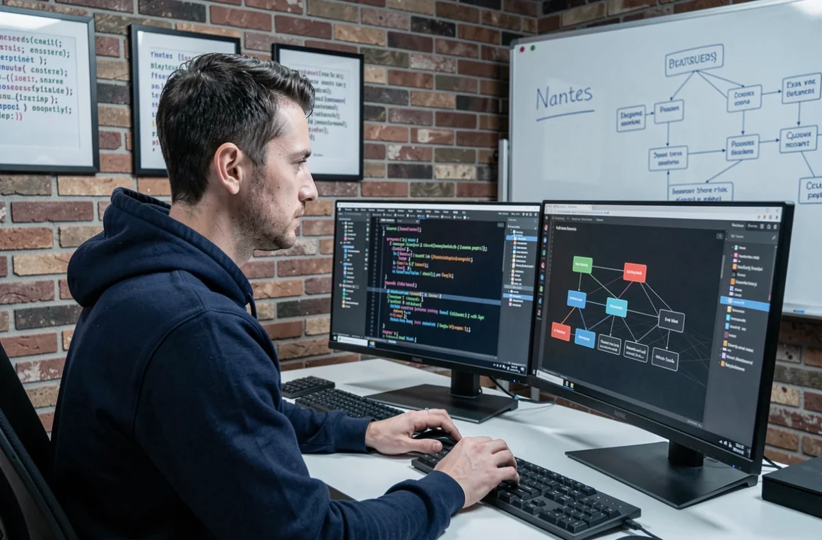 Développeur web spécialisé en développement sur mesure travaillant sur du code complexe dans les locaux de l'agence Galadrim à Nantes
