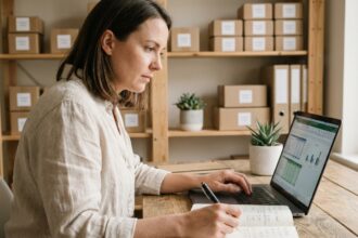 Entrepreneuse gérant la comptabilité de sa boutique en ligne depuis son bureau à domicile avec tableur et notes manuscrites