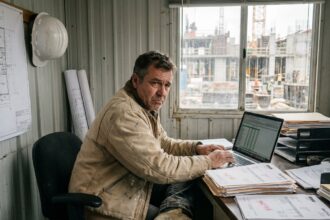 Responsable BTP stressé examinant des factures impayées dans un bureau de chantier