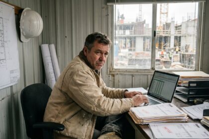 Responsable BTP stressé examinant des factures impayées dans un bureau de chantier