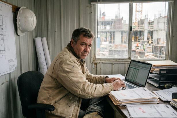 Responsable BTP stressé examinant des factures impayées dans un bureau de chantier