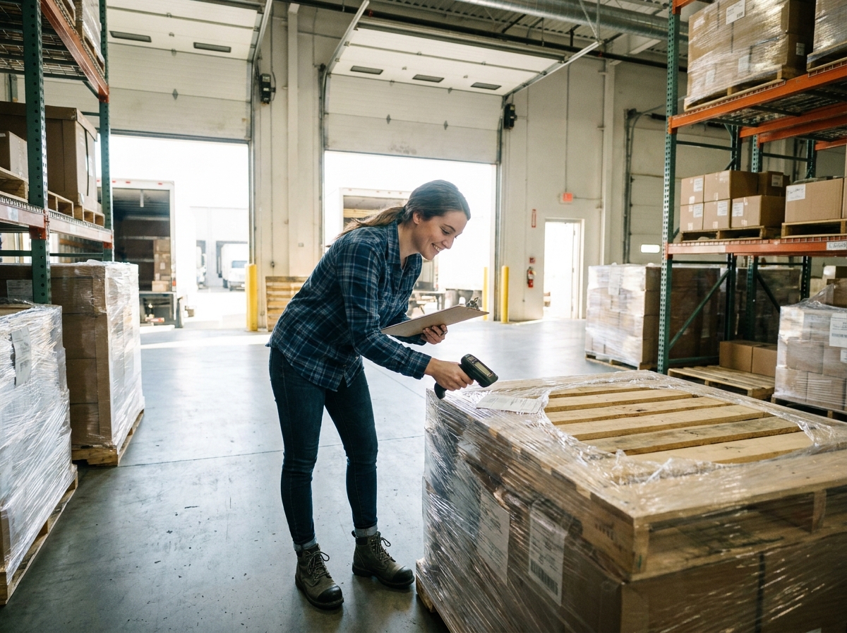 Jeune femme gestionnaire vérifiant des étiquettes sur palettes