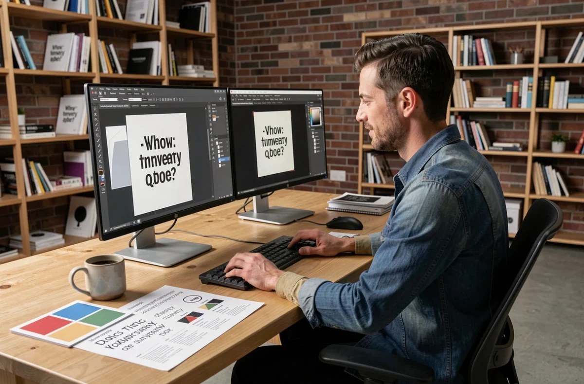 Graphiste masculin personnalisant un template de devis numérique avec une charte graphique de marque sur double écran
