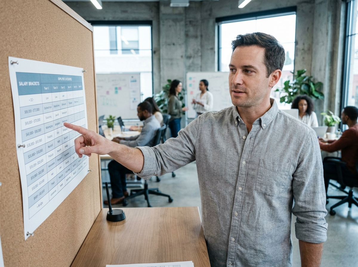 Cadre en entreprise présentant une grille de classification professionnelle affichée sur un tableau